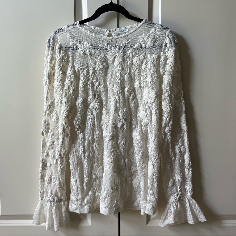 Sundance Sheer Lace Embroidered Top Ivory Cottagecore Fairy Boho Romantic size M